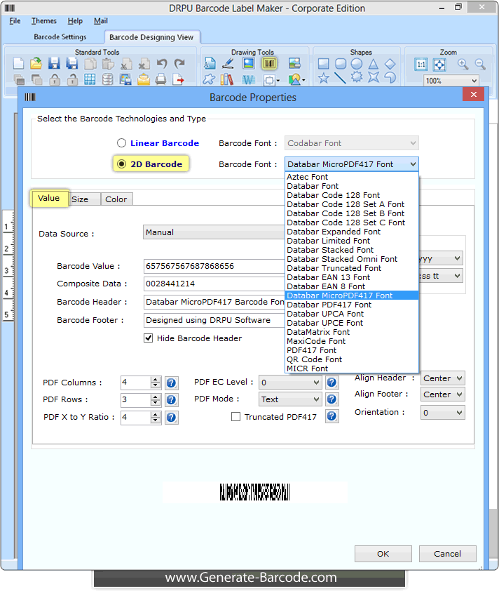 Print Created Databar Micropdf Barcode Font Generate Barcode