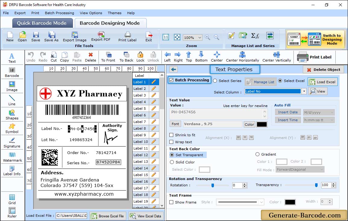 Healthcare - Barcode Text Properties