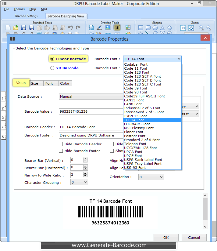 Generate and print ITF-14 Barcode linear font – Generate-Barcode.com