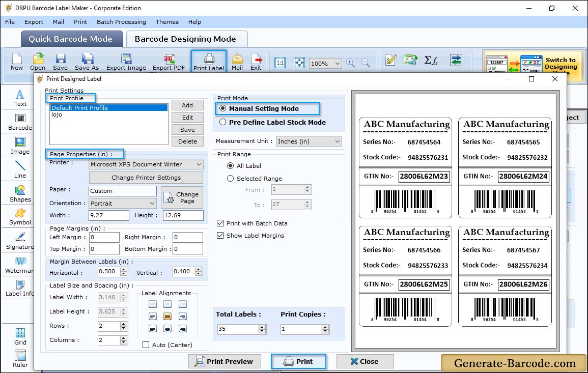 Pre-define label stocks Print Mode